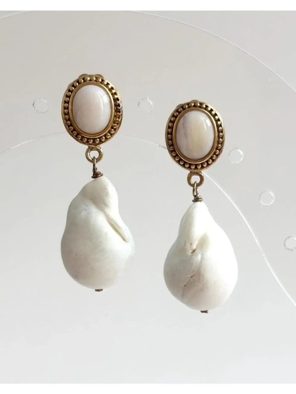Pearl Accented & MOP Dangling Gold Overlay Vintage Sterling Silver 925 Earrings